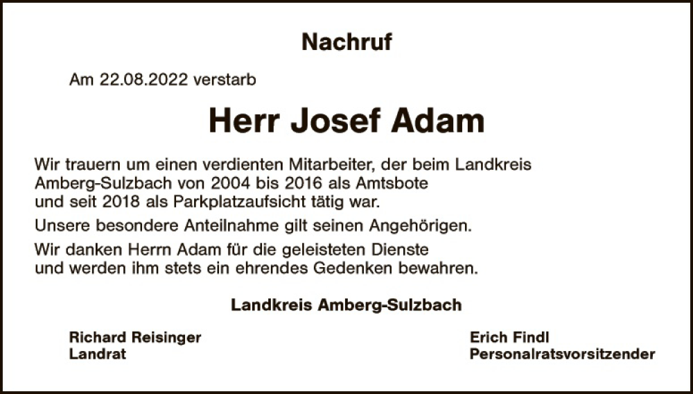  Traueranzeige für Josef Adam vom 31.08.2022 aus Hauptausgabe Amberg