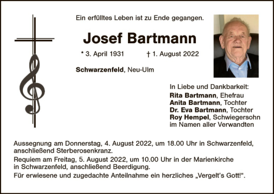 Traueranzeige von Josef Bartmann von Hauptausgabe Weiden