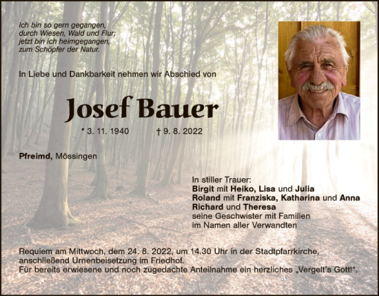 Traueranzeige von Josef Bauer von Landkreis Schwandorf