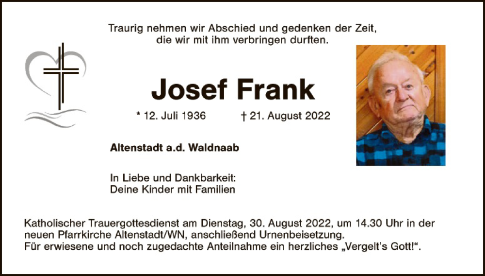  Traueranzeige für Josef Frank vom 27.08.2022 aus Hauptausgabe Weiden