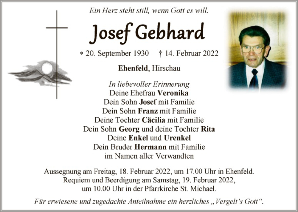  Traueranzeige für Josef Gebhard vom 17.02.2022 aus Hauptausgabe Amberg