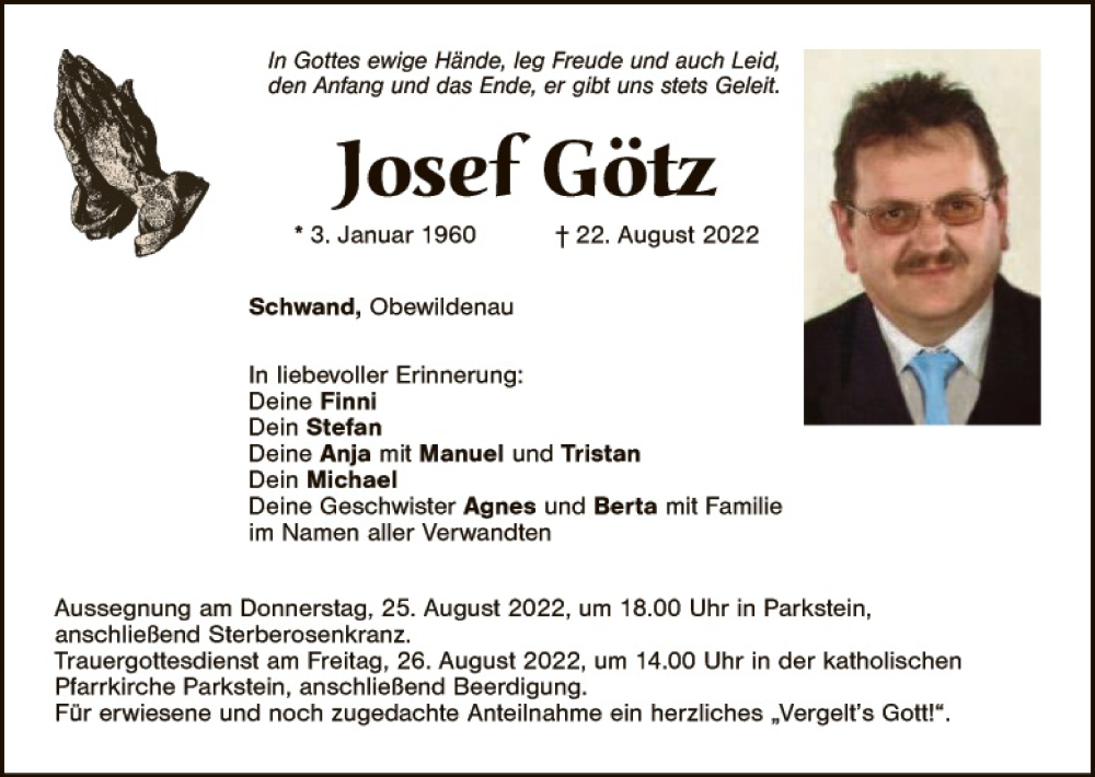  Traueranzeige für Josef Götz vom 24.08.2022 aus Hauptausgabe Weiden