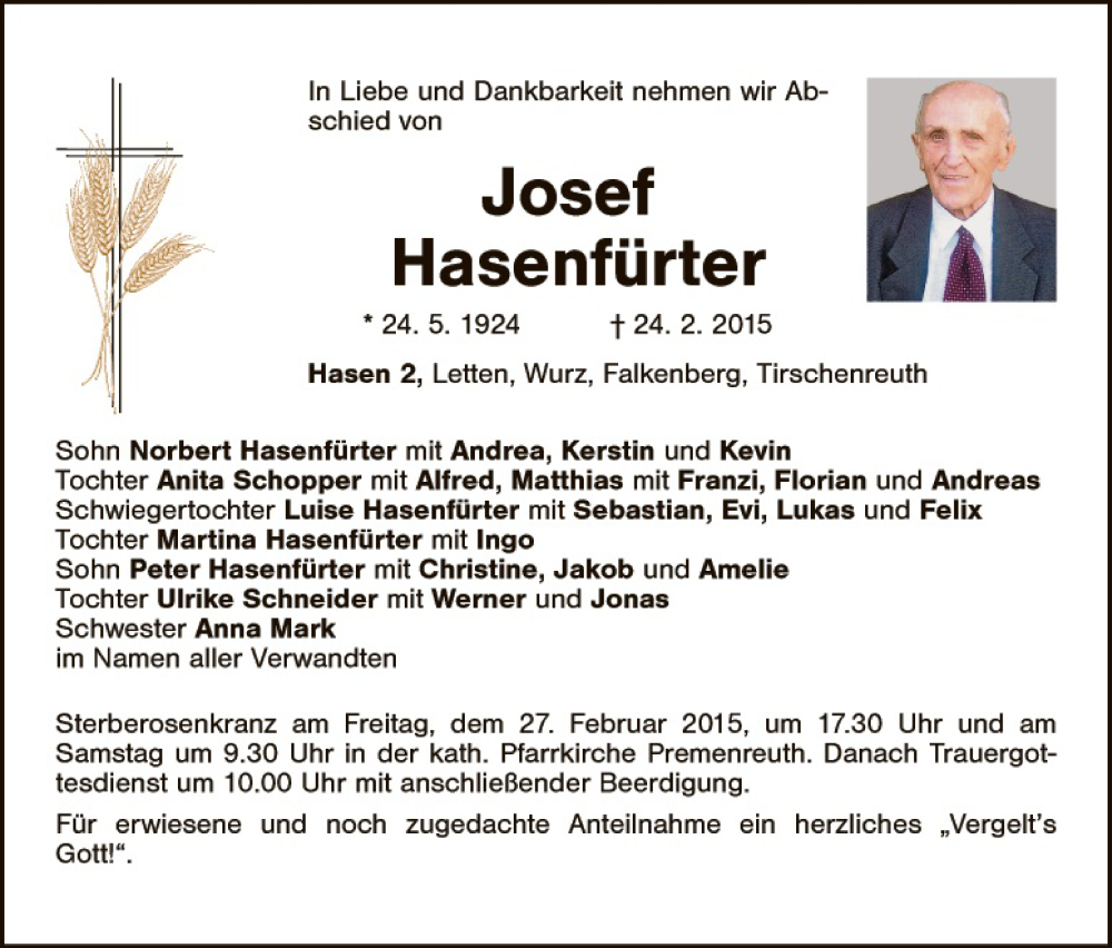  Traueranzeige für Josef Hasenfürter vom 26.02.2015 aus Hauptausgabe Weiden