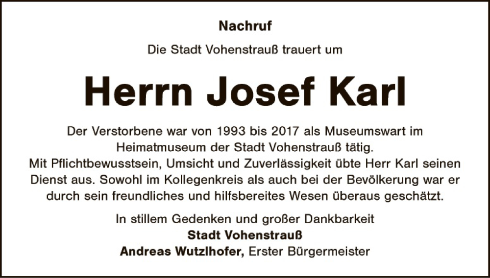  Traueranzeige für Josef Karl vom 09.02.2021 aus Vohenstrauß