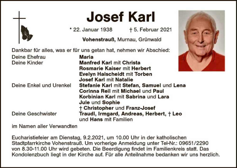 Traueranzeige für Josef Karl vom 08.02.2021 aus Gesamtausgabe