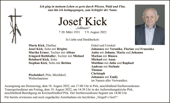 Traueranzeige von Josef Kick von Hauptausgabe Weiden