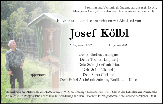 Traueranzeige von Josef Kölbl von Hauptausgabe Amberg