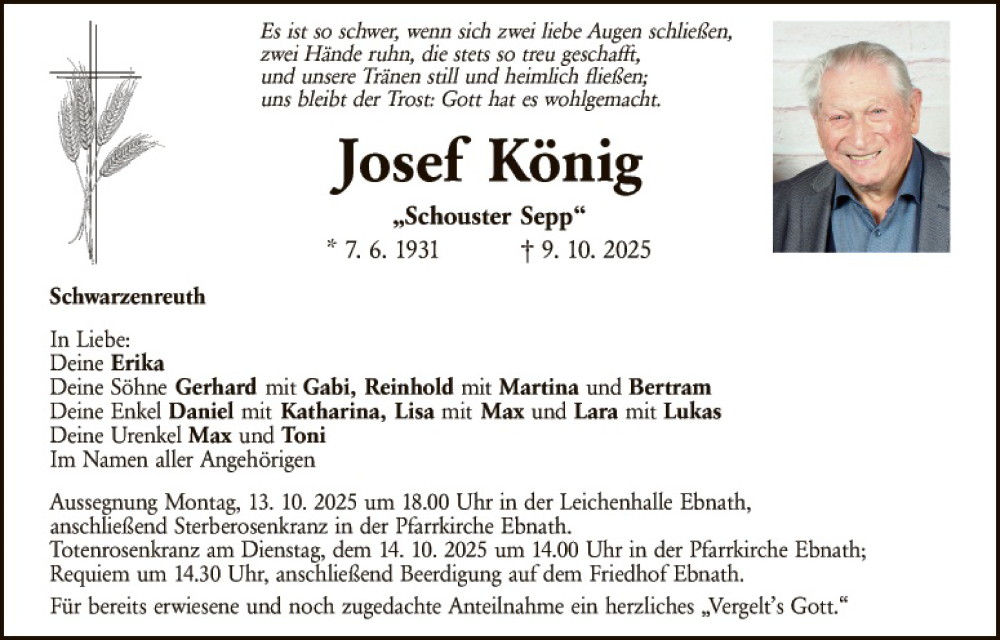  Traueranzeige für Josef König vom 11.10.2025 aus Tirschenreuth + Eschenbach - Kemnath - Erbendorf