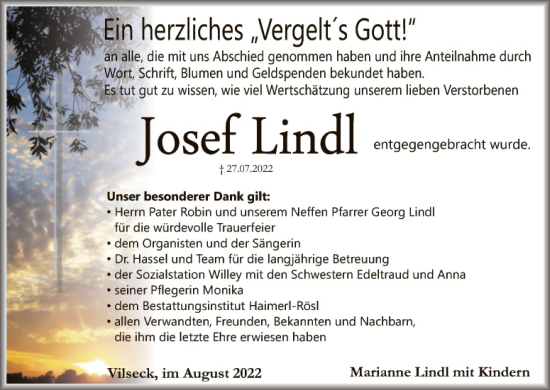 Traueranzeige von Josef Lindl von Hauptausgabe Amberg