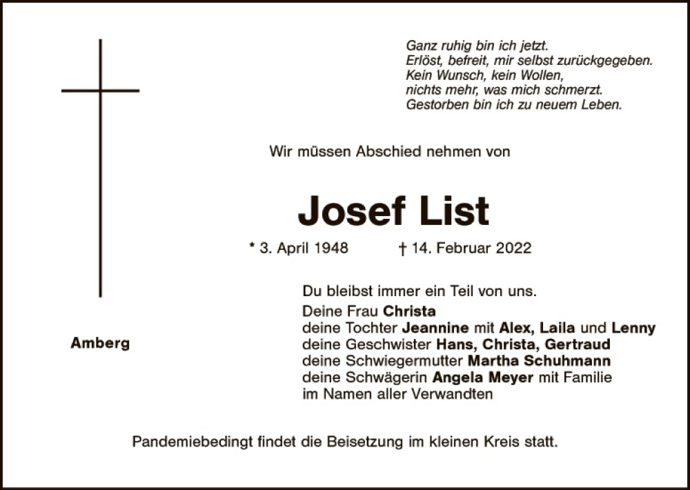  Traueranzeige für Josef List vom 26.02.2022 aus Hauptausgabe Amberg
