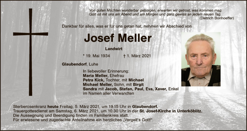  Traueranzeige für Josef Meller vom 05.03.2021 aus Gesamtausgabe