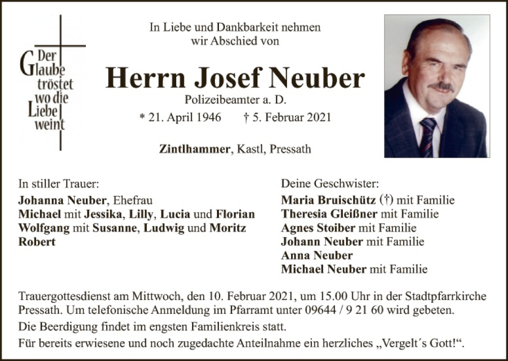  Traueranzeige für Josef Neuber vom 08.02.2021 aus Hauptausgabe Weiden
