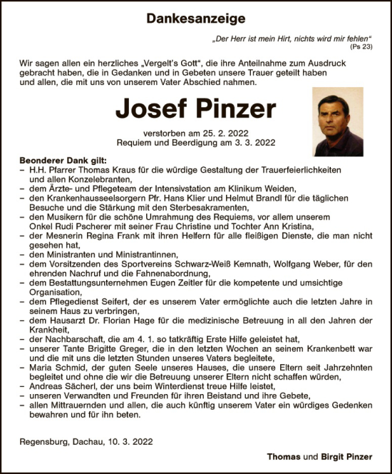 Traueranzeige von Josef Pinzer von Tirschenreuth + Eschenbach - Kemnath - Erbendorf