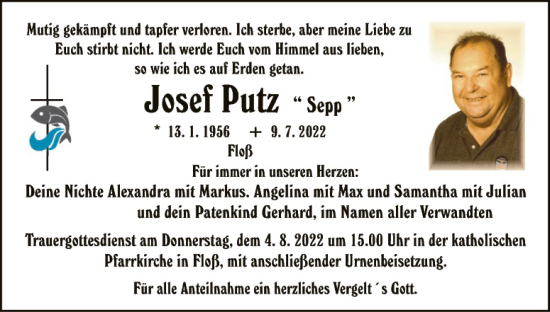Traueranzeige von Josef Putz von Hauptausgabe Weiden