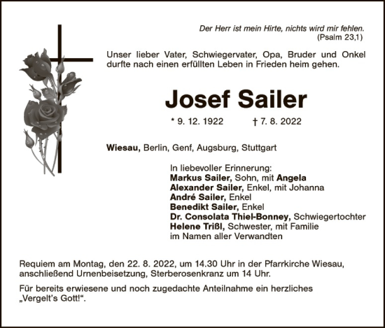 Traueranzeige von Josef Sailer von Tirschenreuth + Eschenbach - Kemnath - Erbendorf