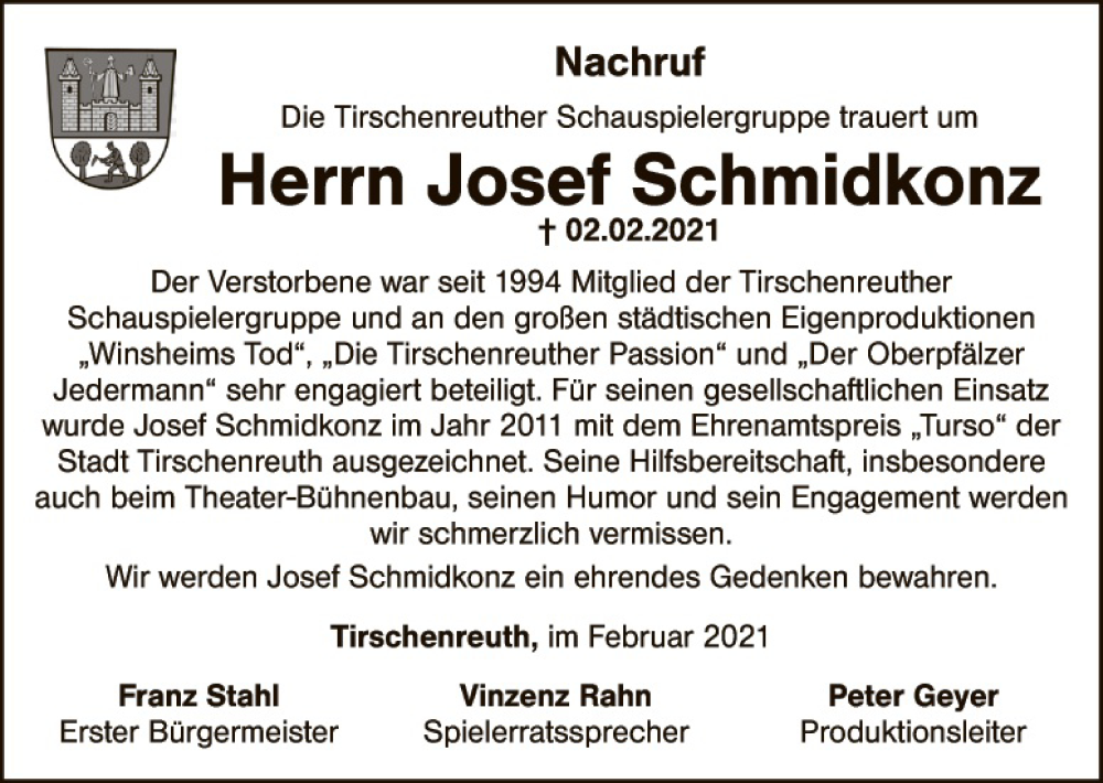  Traueranzeige für Josef Schmidkonz vom 06.02.2021 aus Tirschenreuth