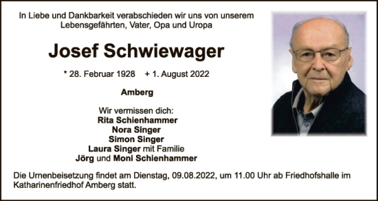 Traueranzeige von Josef Schwiewager von Hauptausgabe Amberg