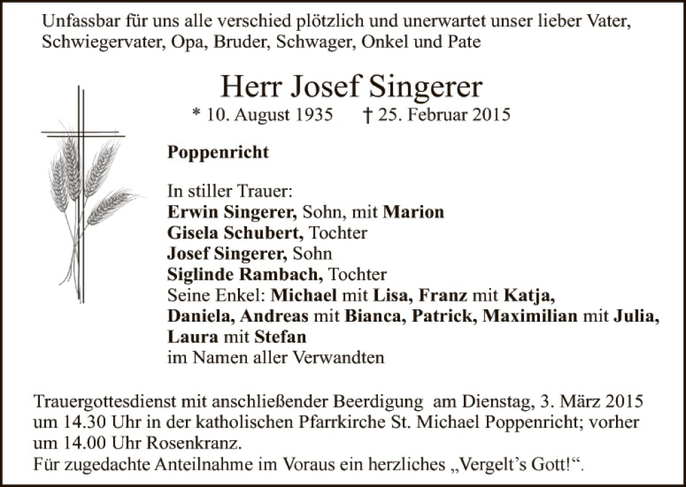  Traueranzeige für Josef Singerer vom 28.02.2015 aus Hauptausgabe Amberg