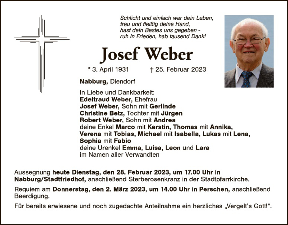  Traueranzeige für Josef Weber vom 28.02.2023 aus Landkreis Schwandorf