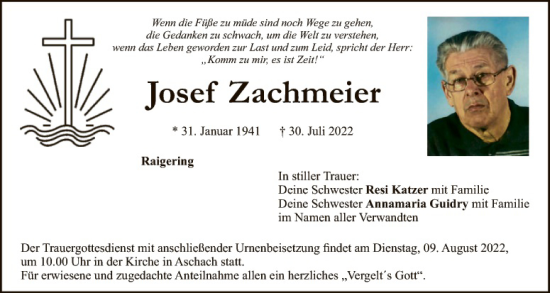 Traueranzeige von Josef Zachmeier von Hauptausgabe Amberg