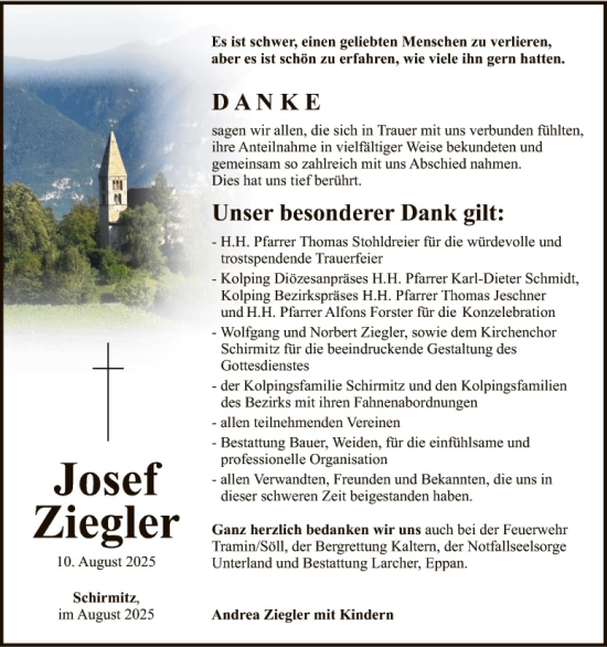 Traueranzeige von Josef Ziegler von Hauptausgabe Weiden
