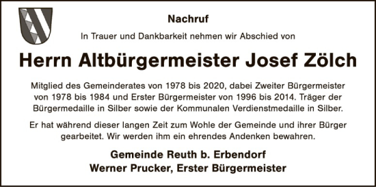 Traueranzeige von Josef Zölch von Eschenbach - Kemnath - Erbendorf