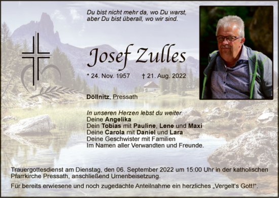 Traueranzeige von Josef Zulles von Hauptausgabe Weiden