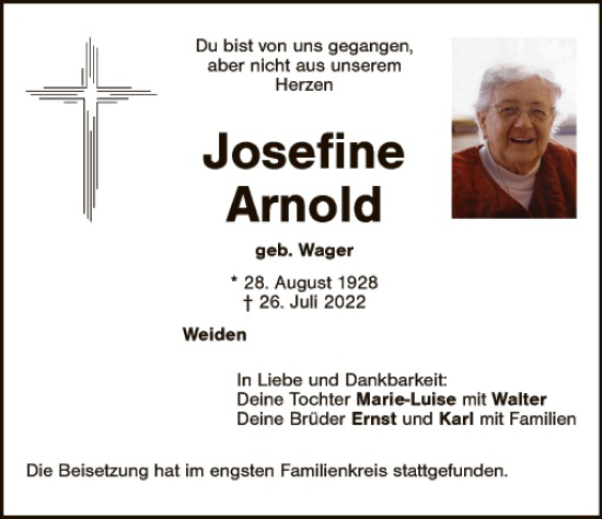 Traueranzeige von Josefine Arnold von Hauptausgabe Weiden