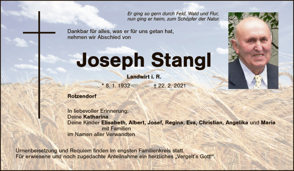  Traueranzeige für Joseph Stangl vom 07.04.2021 aus Hauptausgabe Weiden