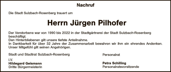 Traueranzeige von Jürgen Pilhofer von Hauptausgabe Amberg