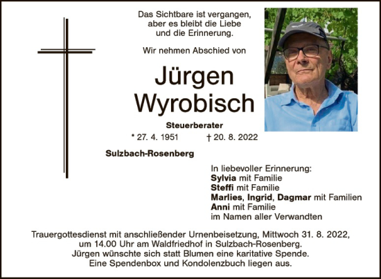 Traueranzeige von Jürgen Wyrobisch von Hauptausgabe Amberg