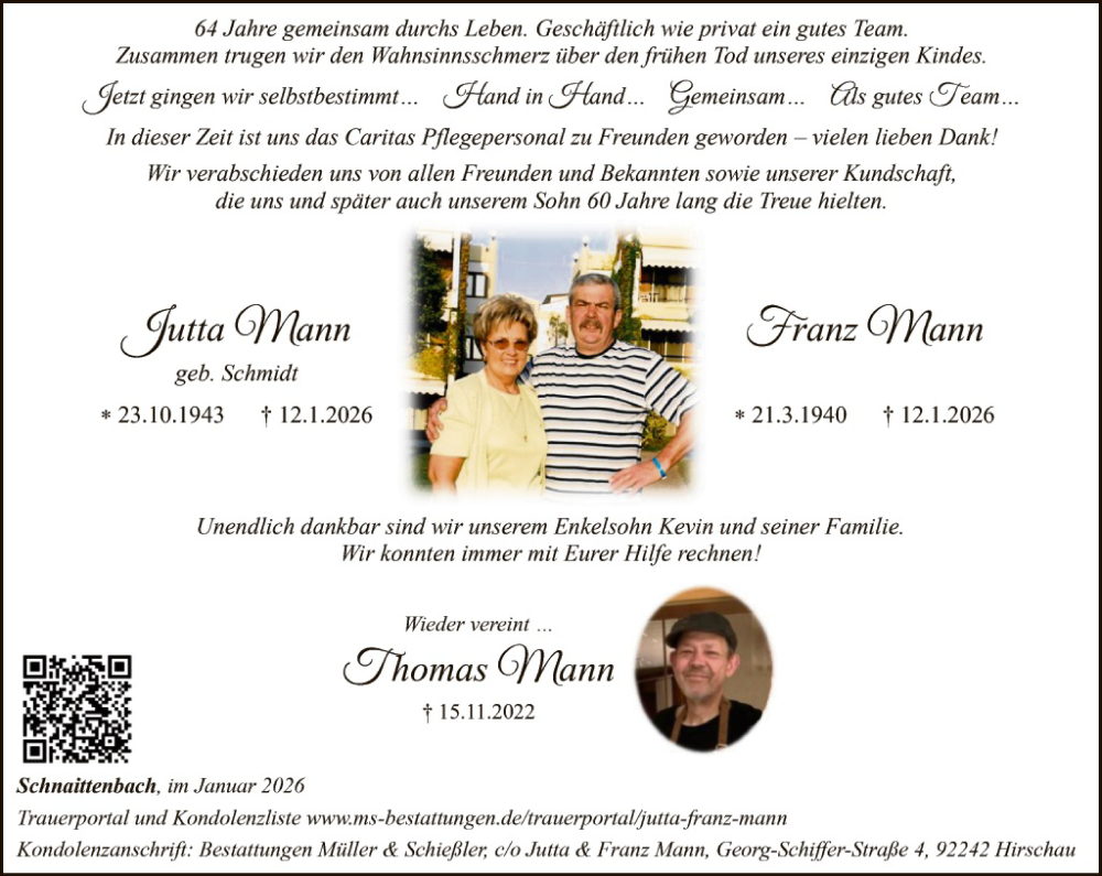  Traueranzeige für Jutta, Franz und Thomas Mann vom 17.01.2026 aus Hauptausgabe Amberg