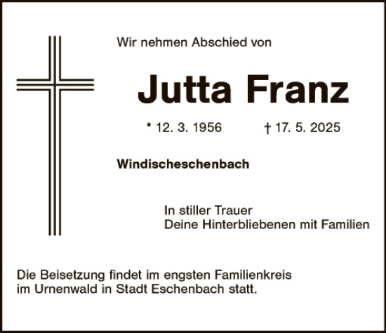 Traueranzeige von Jutta Franz von Hauptausgabe Weiden