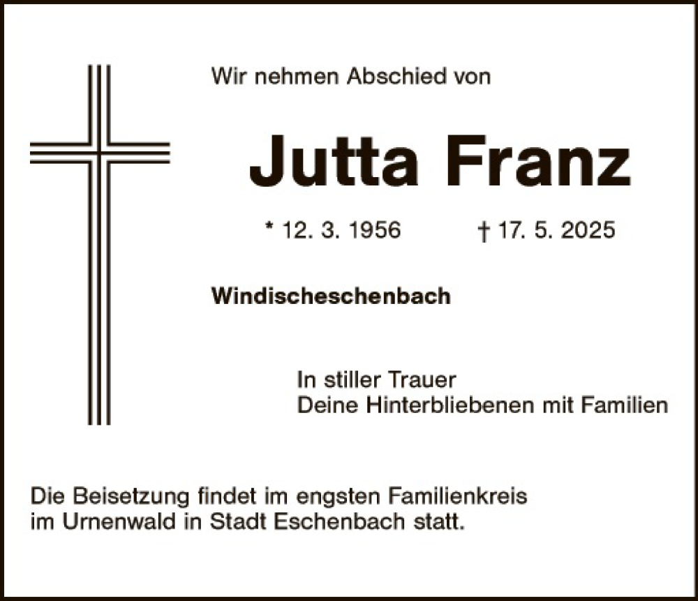  Traueranzeige für Jutta Franz vom 23.05.2025 aus Hauptausgabe Weiden