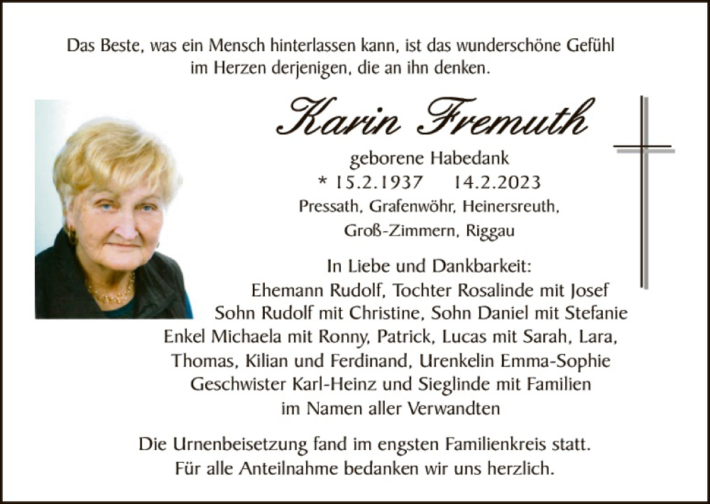  Traueranzeige für Karin Fremuth vom 04.03.2023 aus Tirschenreuth + Eschenbach - Kemnath - Erbendorf