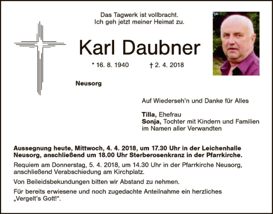 Traueranzeige von Karl Daubner von Tirschenreuth + Eschenbach - Kemnath - Erbendorf