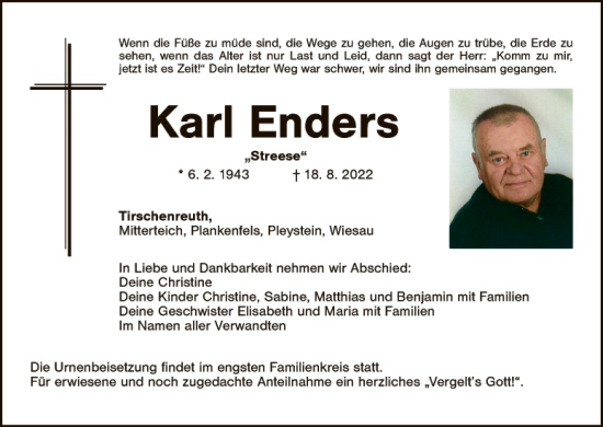 Traueranzeige von Karl Enders von Hauptausgabe Weiden