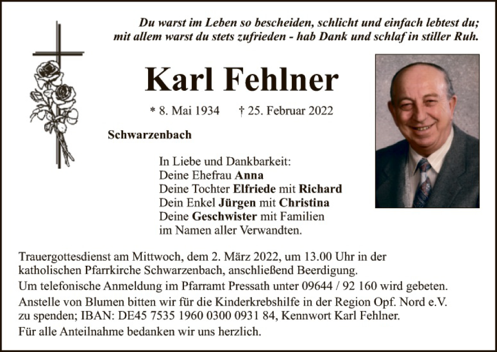  Traueranzeige für Karl Fehlner vom 01.03.2022 aus Hauptausgabe Weiden