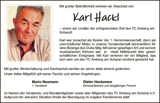 Traueranzeige von Karl Hackl von Hauptausgabe Amberg