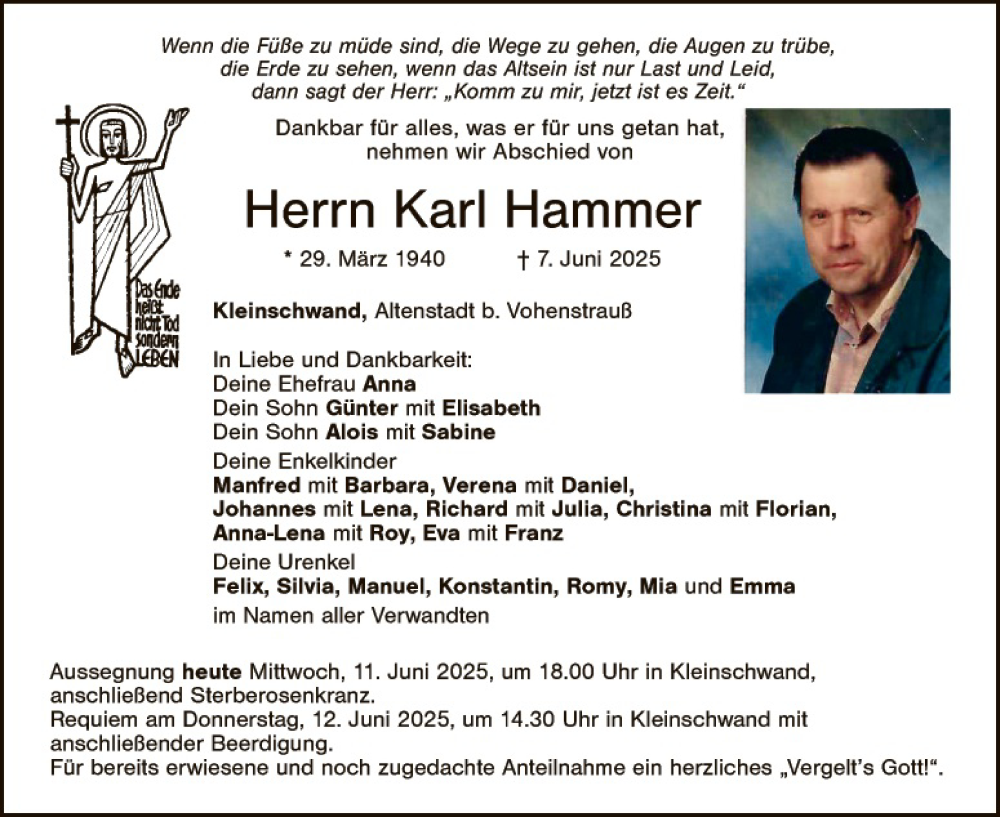  Traueranzeige für Karl Hammer vom 11.06.2025 aus Landkreis Schwandorf und Vohenstrauß