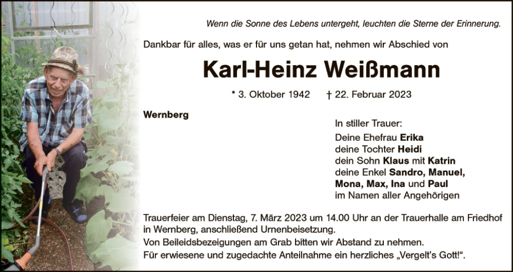  Traueranzeige für Karl-Heinz Weißmann vom 04.03.2023 aus Gesamtausgabe