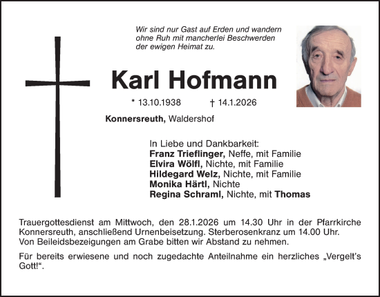 Traueranzeige von Karl Hofmann von Tirschenreuth + Eschenbach - Kemnath - Erbendorf