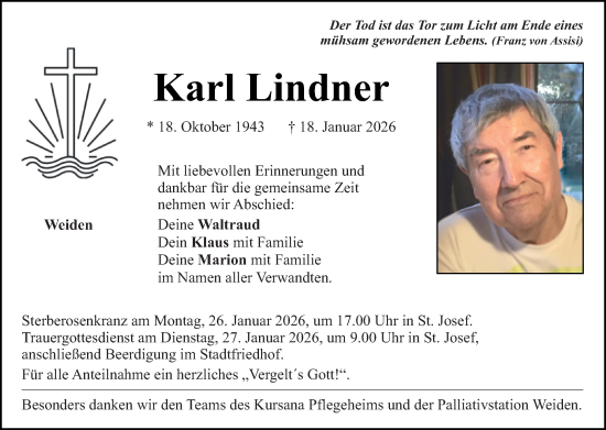 Traueranzeige von Karl Lindner von Hauptausgabe Weiden