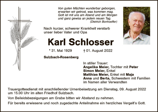 Traueranzeige von Karl Schlosser von Hauptausgabe Amberg