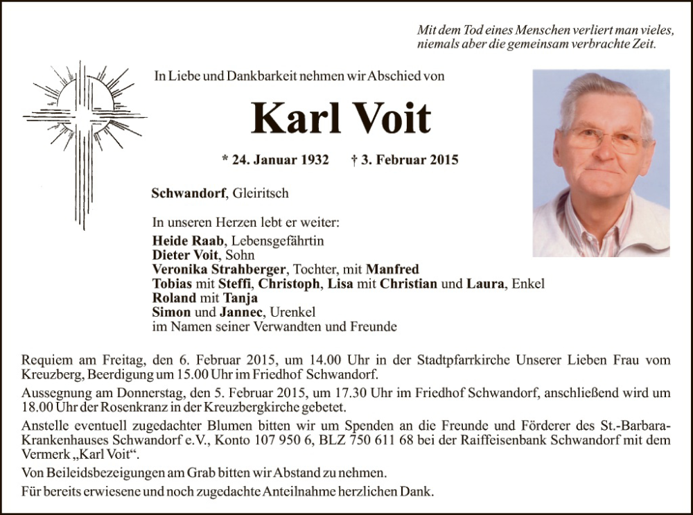  Traueranzeige für Karl Voit vom 04.02.2015 aus Hauptausgabe Weiden