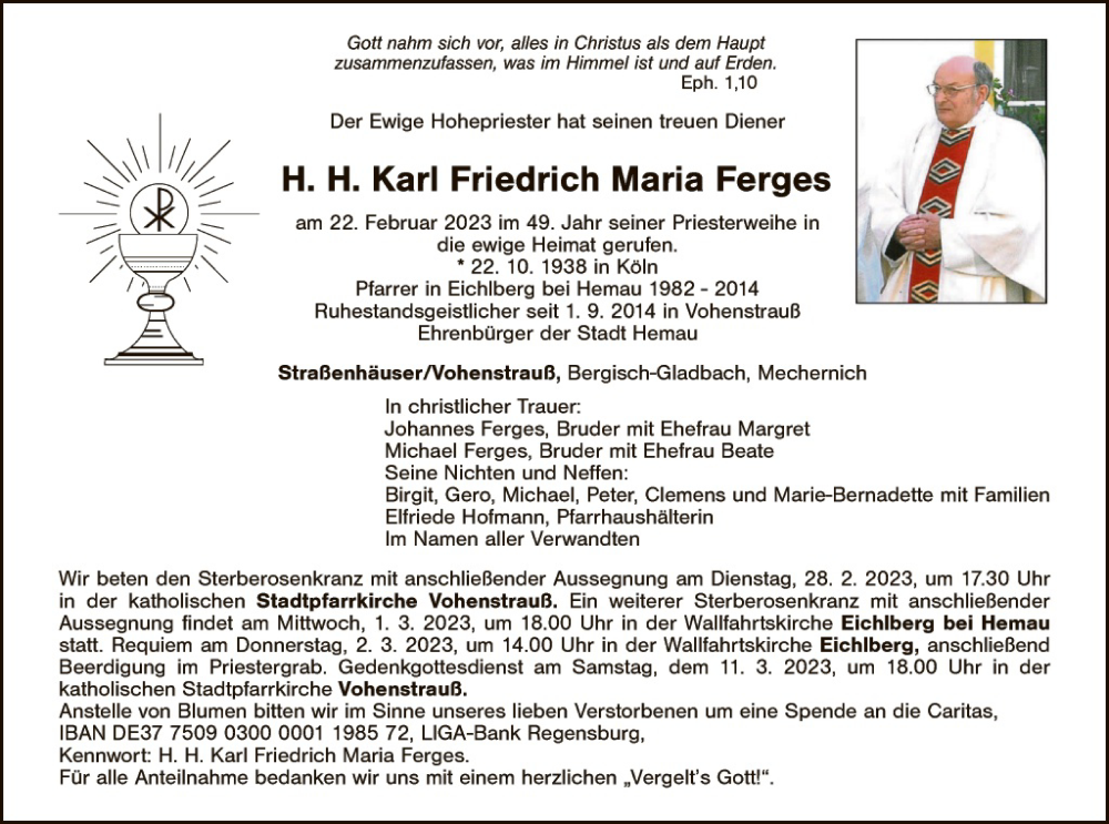  Traueranzeige für Karl Friedrich Maria Ferges vom 28.02.2023 aus Landkreis Schwandorf und Vohenstrauß