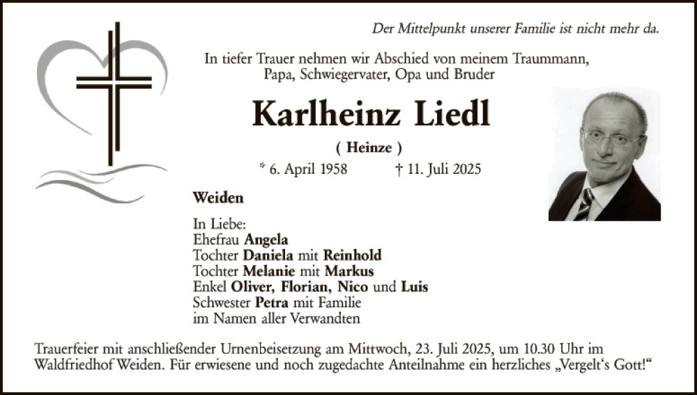  Traueranzeige für Karlheinz Liedl vom 19.07.2025 aus Hauptausgabe Weiden