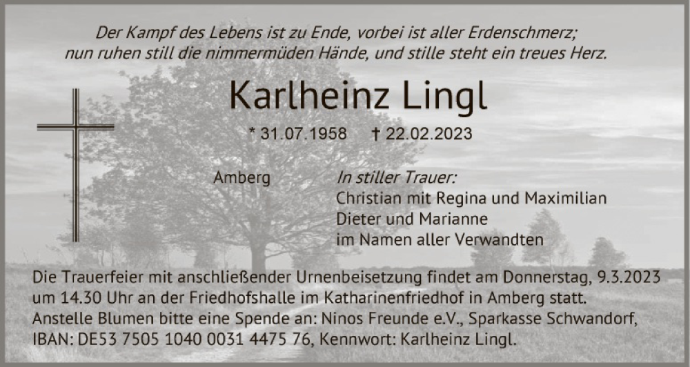  Traueranzeige für Karlheinz Lingl vom 04.03.2023 aus Hauptausgabe Amberg