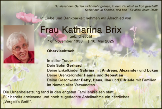 Traueranzeige von Katharina Brix von Landkreis Schwandorf