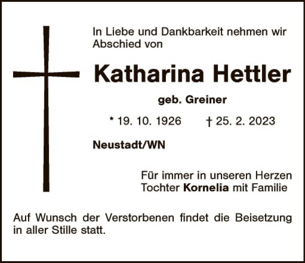  Traueranzeige für Katharina Hettler vom 04.03.2023 aus Hauptausgabe Weiden